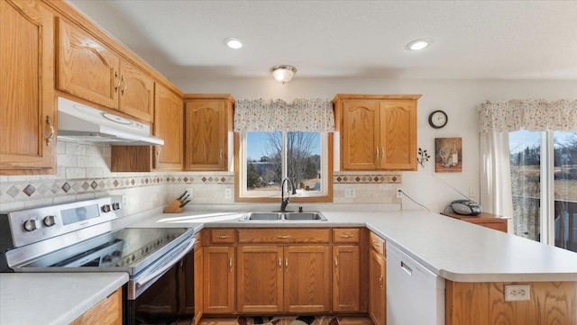 kitchen with dishwasher, stainless steel electric range oven, a peninsula, under cabinet range hood, and a sink