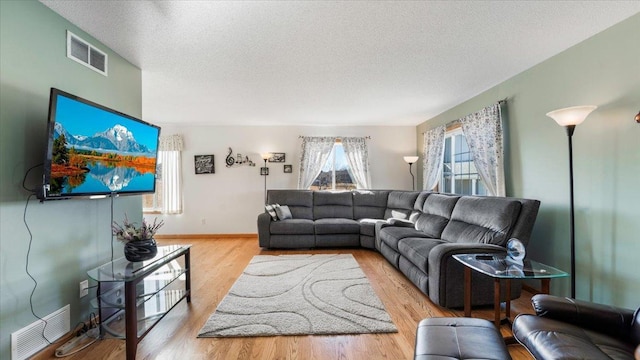 living area featuring visible vents and wood finished floors