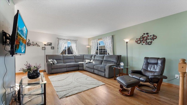 living area with a textured ceiling and wood finished floors