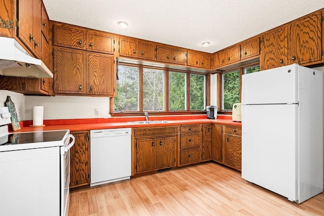 kitchen with white appliances, brown cabinets, a textured ceiling, and a sink