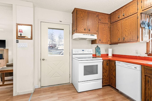 kitchen featuring brown cabinetry, a textured ceiling, light wood-type flooring, under cabinet range hood, and white appliances