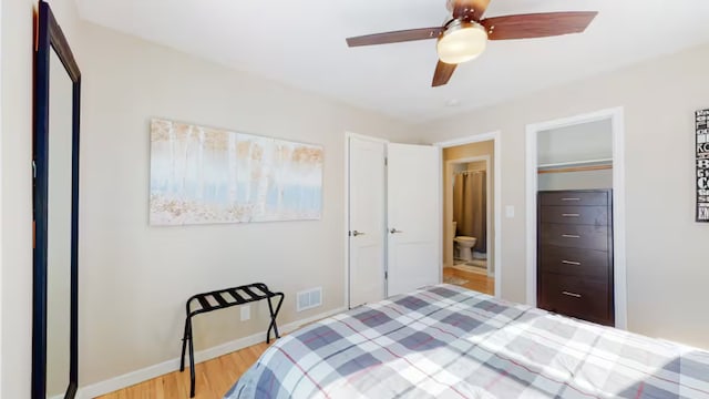 bedroom featuring ceiling fan and light hardwood / wood-style flooring