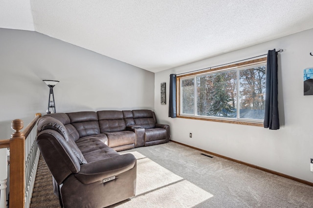 living room with lofted ceiling, carpet floors, and a textured ceiling