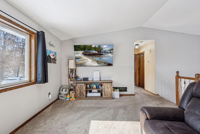 carpeted living room with vaulted ceiling