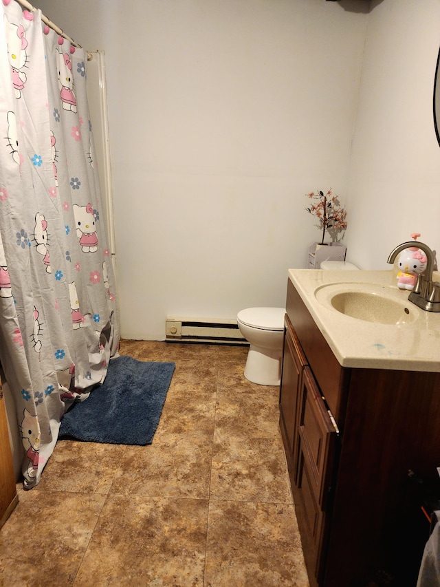 bathroom featuring baseboard heating, vanity, toilet, and a shower with curtain