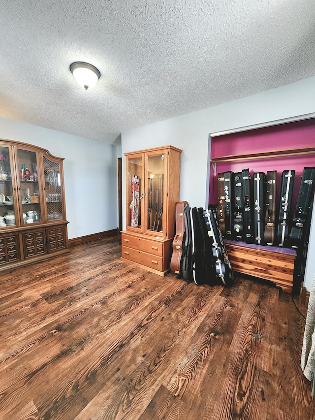 interior space with dark hardwood / wood-style floors and a textured ceiling