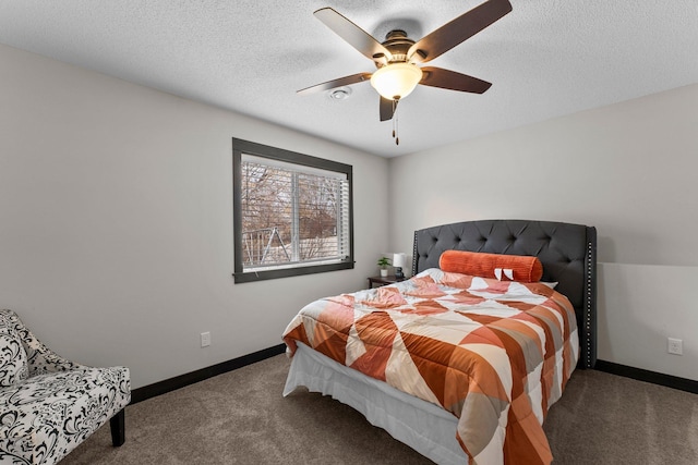 bedroom with carpet flooring, ceiling fan, a textured ceiling, and baseboards