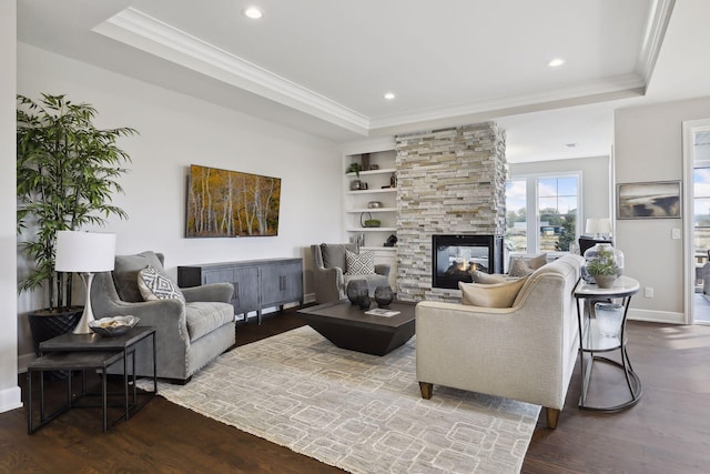 living room featuring crown molding, wood-type flooring, and a raised ceiling