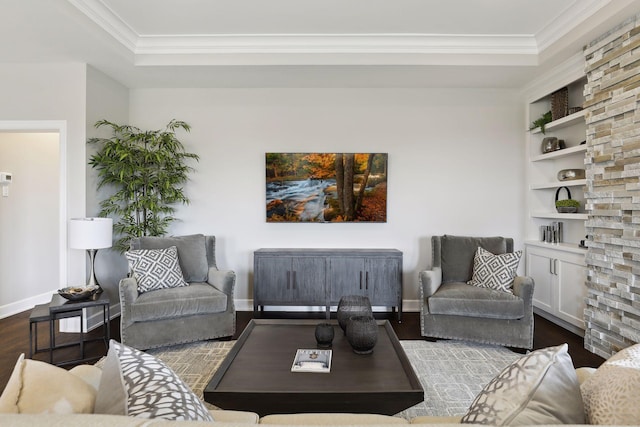 living room with ornamental molding, wood-type flooring, and a tray ceiling