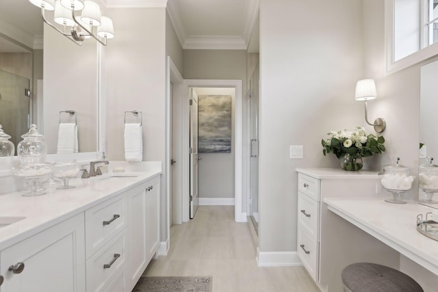 bathroom featuring walk in shower, ornamental molding, and vanity