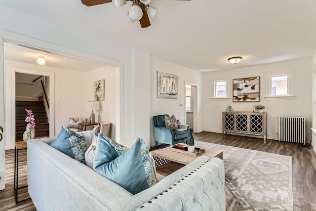 living area with radiator heating unit, stairs, a ceiling fan, and wood finished floors