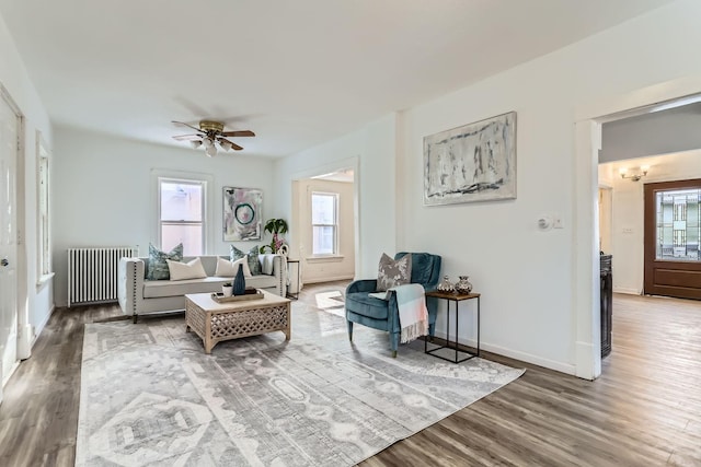 sitting room with baseboards, plenty of natural light, wood finished floors, and radiator