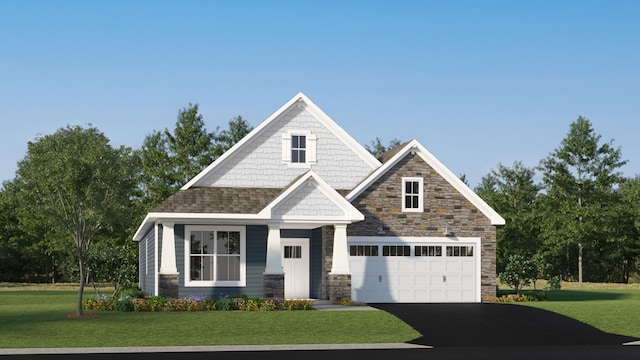 craftsman inspired home featuring a garage and a front lawn