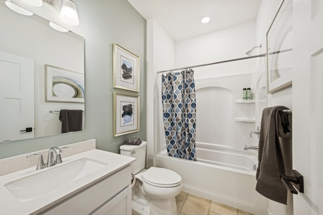 full bathroom featuring shower / bath combination with curtain, vanity, toilet, and tile patterned flooring