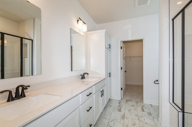 bathroom featuring vanity and a shower with door