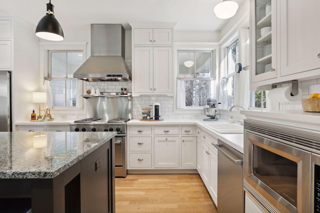 kitchen featuring light wood-style flooring, a sink, stainless steel appliances, wall chimney exhaust hood, and backsplash