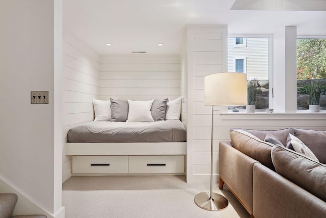 bedroom featuring recessed lighting and light carpet