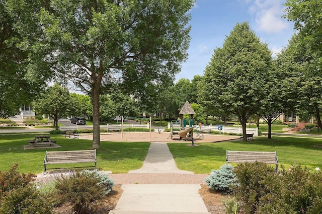 view of property's community with a lawn and playground community