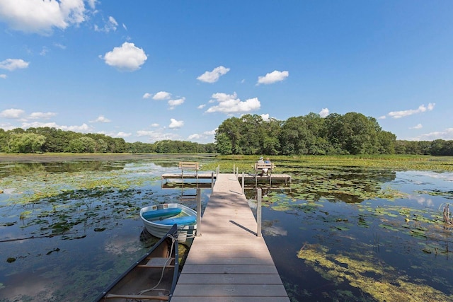 view of dock with a forest view and a water view