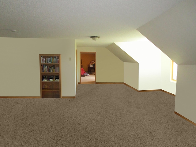 additional living space with lofted ceiling, carpet flooring, and a textured ceiling