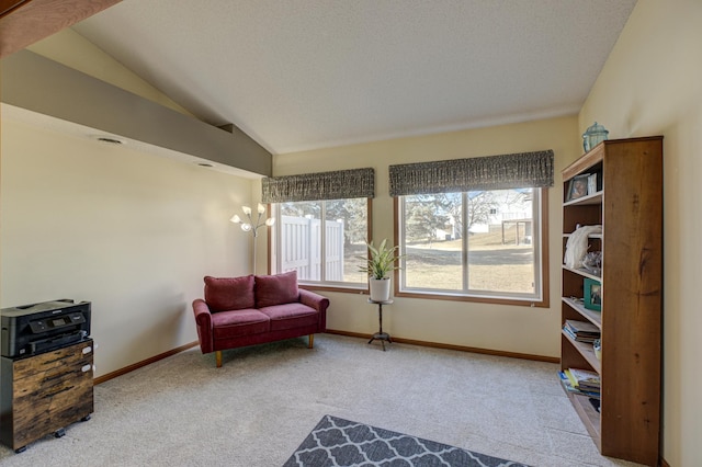 sitting room featuring lofted ceiling and carpet flooring