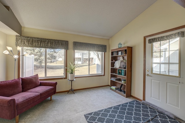 living area featuring lofted ceiling, a healthy amount of sunlight, carpet flooring, and a textured ceiling