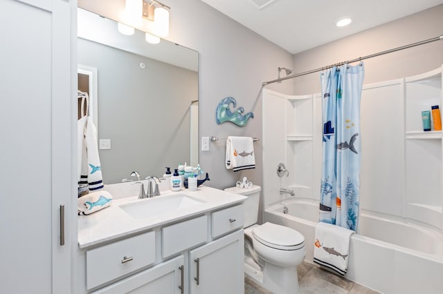 full bathroom with shower / bathtub combination with curtain, vanity, tile patterned floors, and toilet