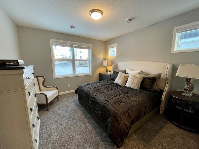 bedroom with carpet floors and a textured ceiling