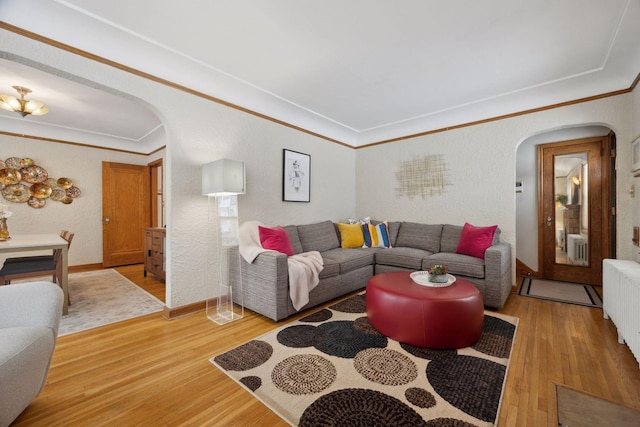 living room featuring crown molding, hardwood / wood-style flooring, and radiator heating unit