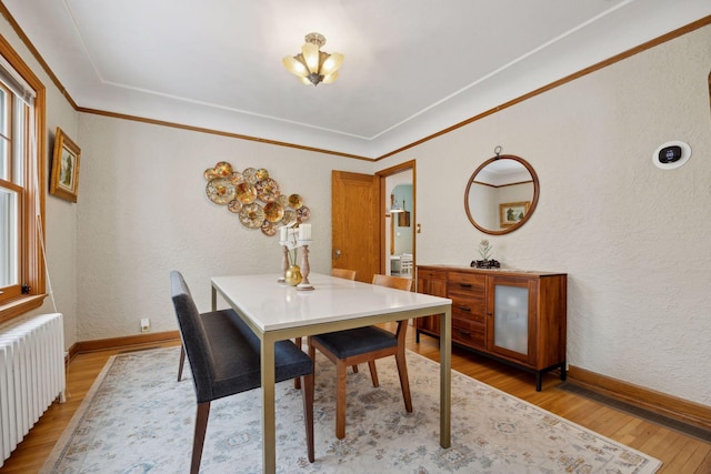 dining room featuring ornamental molding, radiator, light hardwood / wood-style flooring, and plenty of natural light