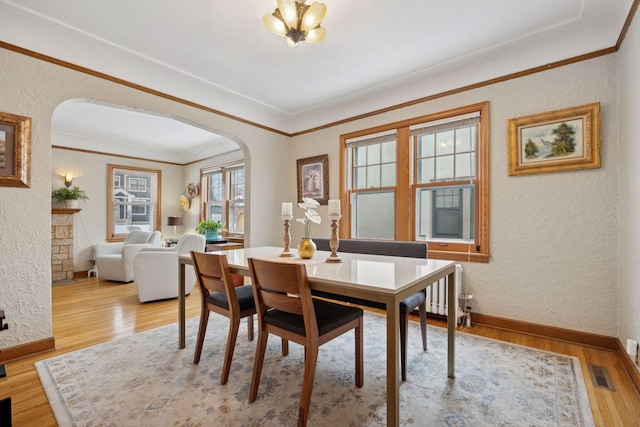 dining space featuring ornamental molding, radiator heating unit, and light hardwood / wood-style flooring