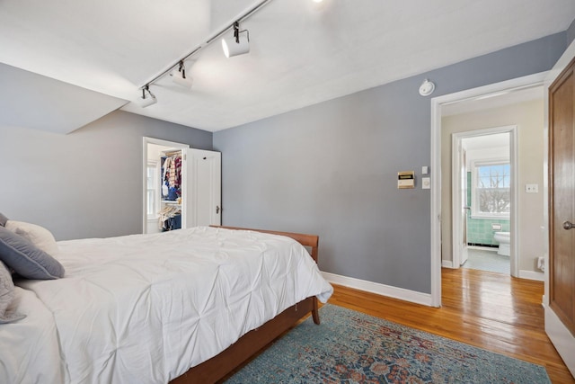 bedroom featuring a spacious closet, wood-type flooring, and a closet