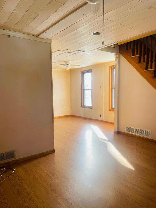 basement with hardwood / wood-style floors, wood ceiling, and ceiling fan