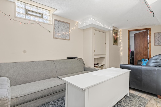 living area with light wood-style flooring and a textured ceiling