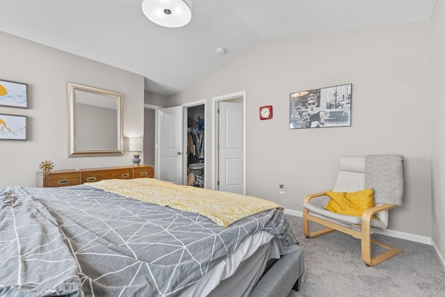 carpeted bedroom with a spacious closet, vaulted ceiling, and a closet