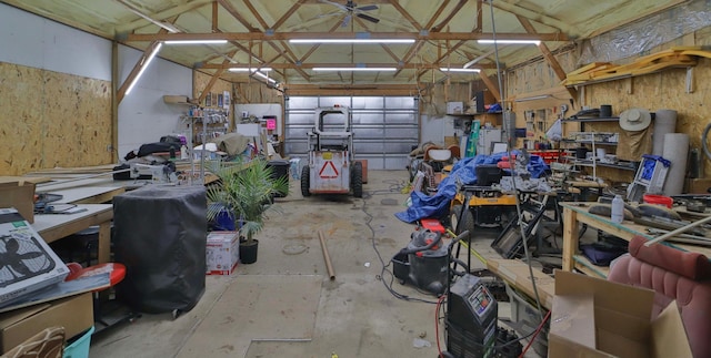 garage with a workshop area