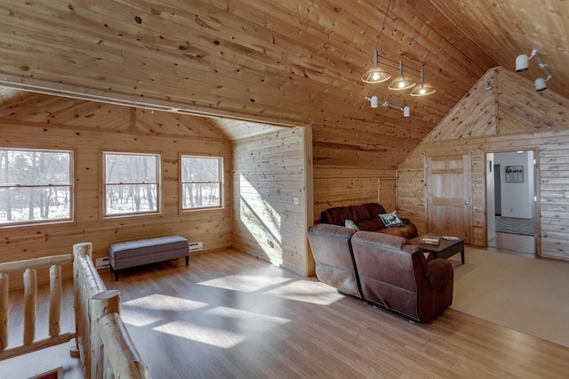 bonus room featuring lofted ceiling, wooden walls, and light hardwood / wood-style floors