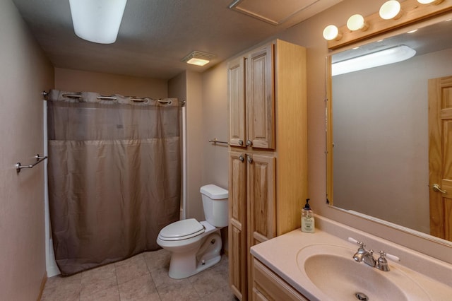 bathroom featuring vanity, toilet, curtained shower, and tile patterned flooring