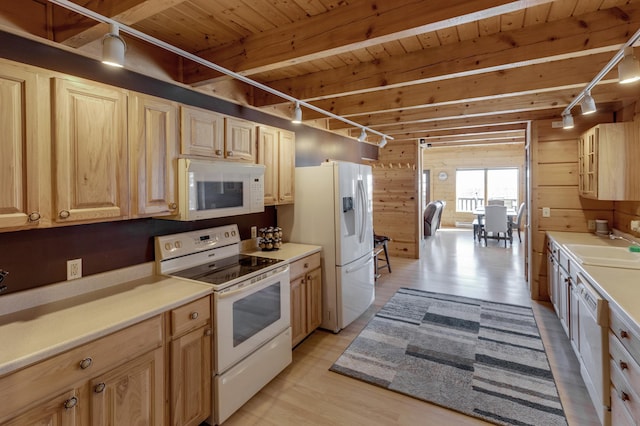 kitchen featuring white appliances, wooden walls, light wood-type flooring, and wooden ceiling