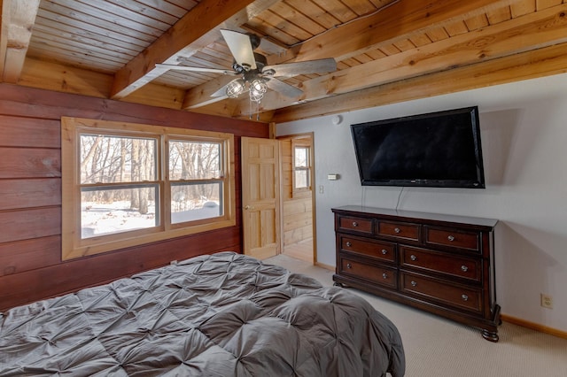 11375 Grouse Loop NW, Walker, MN 56484 - bedroom featuring wooden ceiling with exposed beams, light colored carpet, baseboards, and a ceiling fan