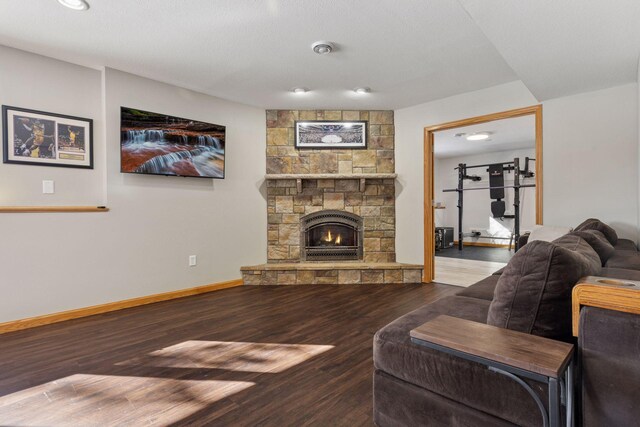 living room with baseboards, wood finished floors, and a fireplace