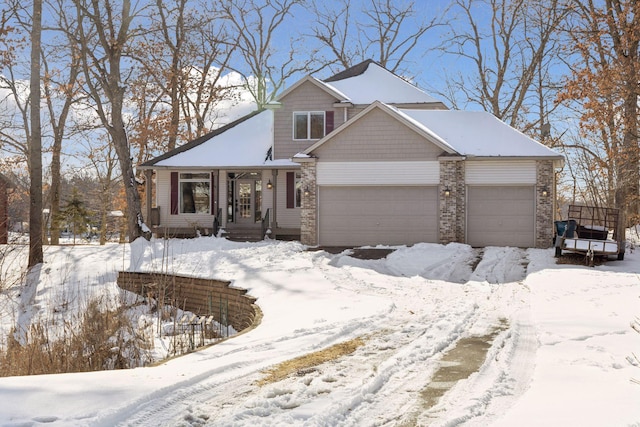 view of front facade with brick siding and a garage