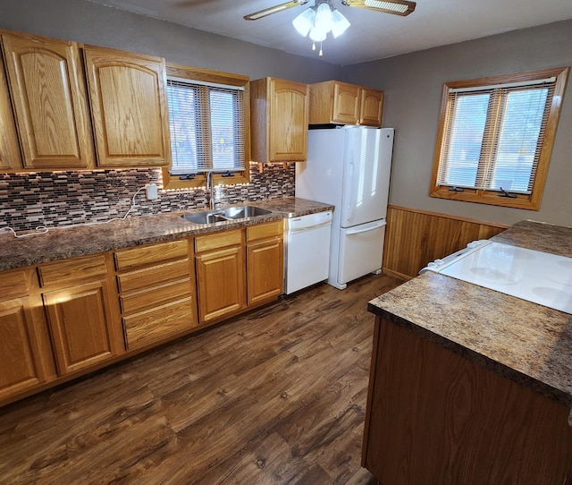 kitchen featuring white appliances, a ceiling fan, wainscoting, dark wood-type flooring, and a sink