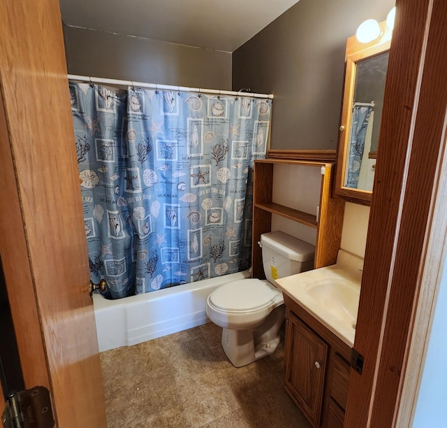 full bathroom featuring shower / tub combo, toilet, and vanity