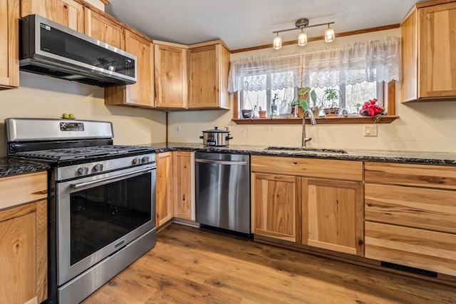 kitchen featuring hardwood / wood-style flooring, appliances with stainless steel finishes, sink, and dark stone counters