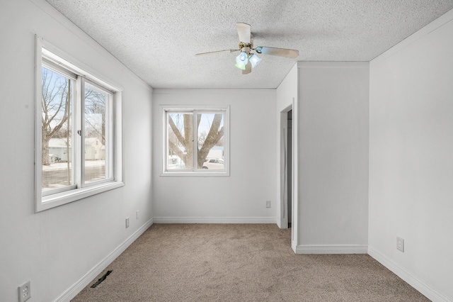 carpeted spare room featuring ceiling fan, a wealth of natural light, and a textured ceiling