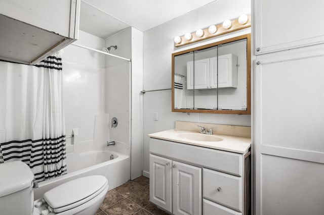 full bathroom with vanity, shower / bath combination with curtain, tile patterned floors, and toilet