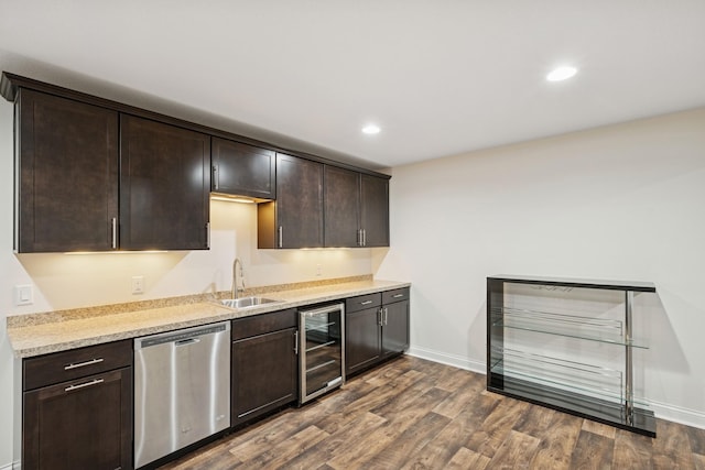 5270 Jewel Ln N, Plymouth, MN 55446 - bar with wine cooler, stainless steel dishwasher, a sink, baseboards, and dark wood-style floors