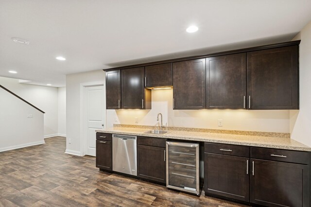 5270 Jewel Ln N, Plymouth, MN 55446 - kitchen with wine cooler, dishwasher, a sink, dark brown cabinetry, and dark wood-style floors