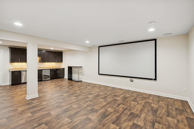 5270 Jewel Ln N, Plymouth, MN 55446 - home theater room with wet bar, recessed lighting, dark wood-style flooring, baseboards, and wine cooler